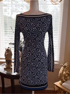 Michael Kors Navy and White Boatneck Long-Sleeve Sheath Dress